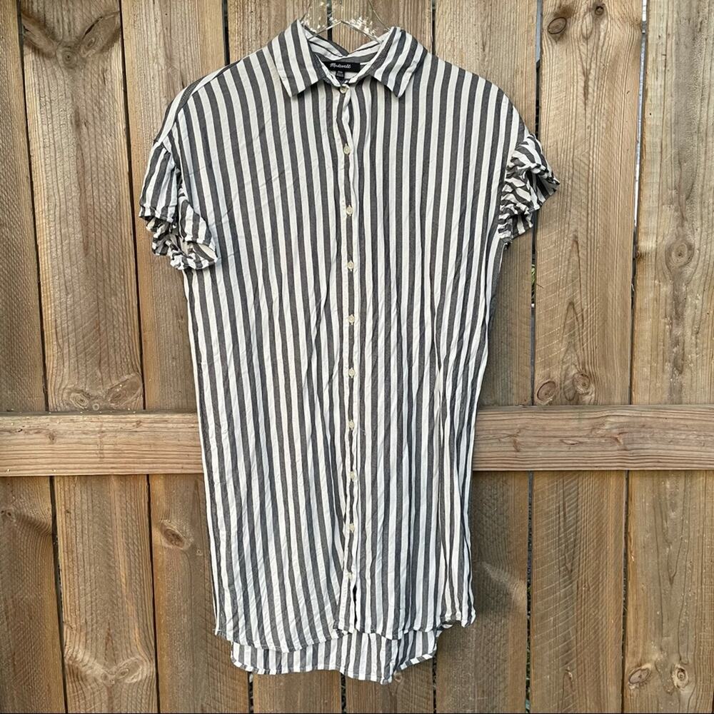Madewell Striped Courier Ruffle Sleeve Shirt Dress Button Down Shift Gray Sz XXS